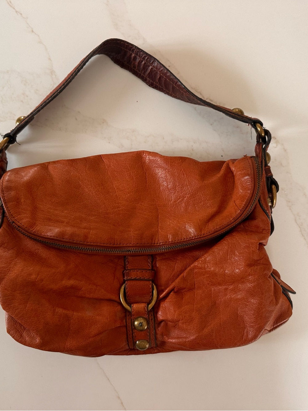 Leather Hobo Shoulder Bag in Burnt Orange